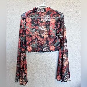 NWOT SHEIN Floral Crop Mesh Long Trumpet Sleeve Top